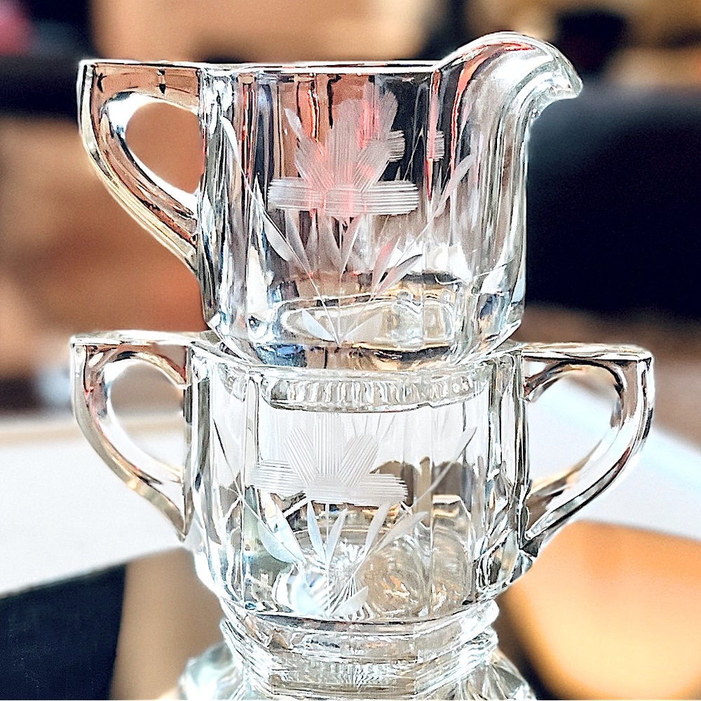 HEAVY CREAMER & SUGAR BOWL CLEAR cut GLASS ENGRAVED vintage HEISEY